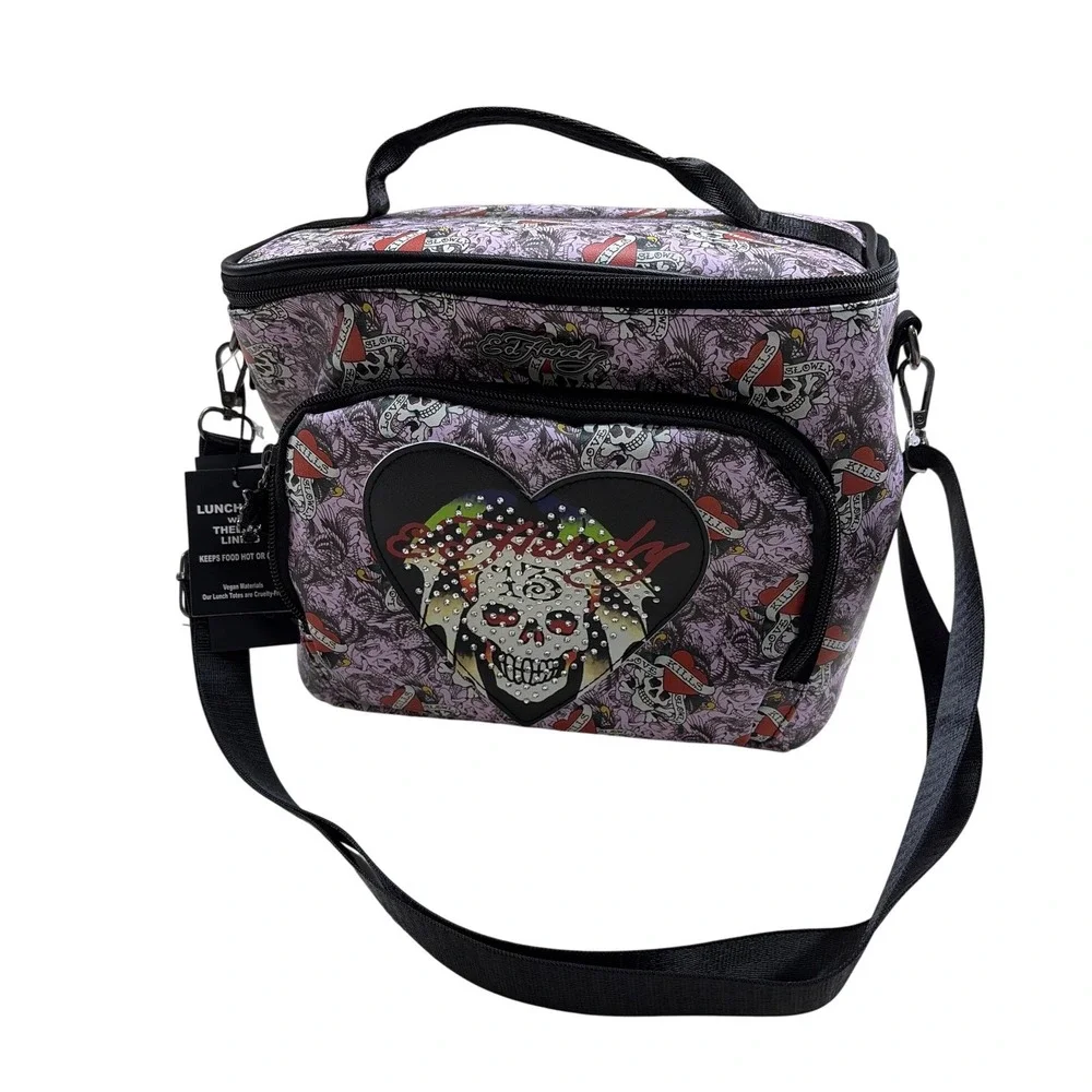 Ed Hardy Purple Skull Heart Tattoo Print Insulated Lunch Tote Bag Rhinestone New